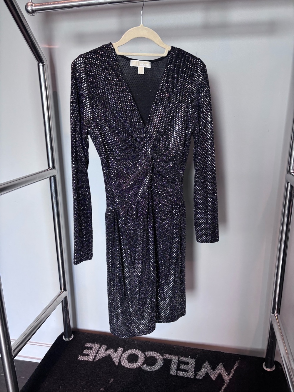 Michael Kors Sequin Long-Sleeve V-Neck Dress in Black